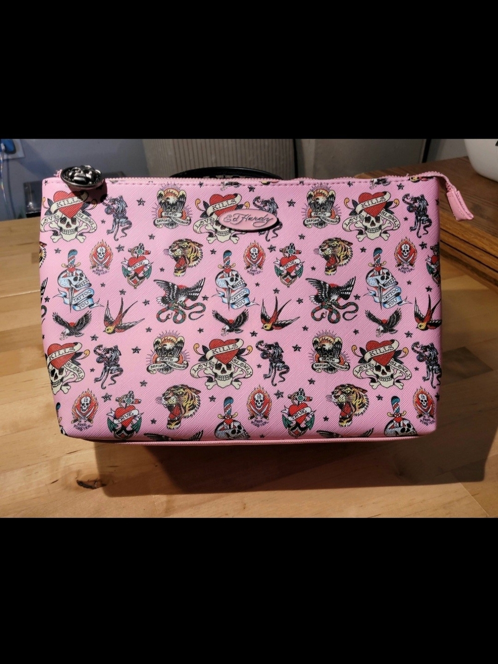 Ed Hardy Pink Tattoo Print Travel Cosmetic Bag